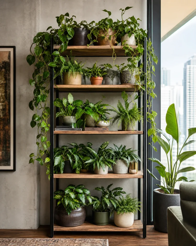 Urban jungle apartment with houseplants arranged on open plant shelves