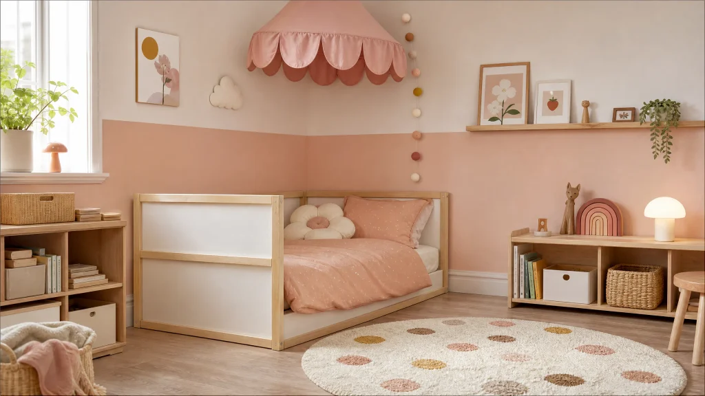 Small girl room in dusty pink and peach