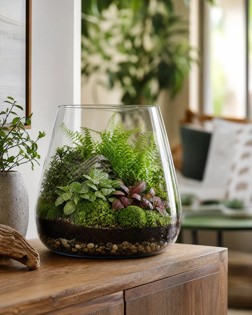 Glass terrarium centerpiece with miniature ferns and greenery on a console table