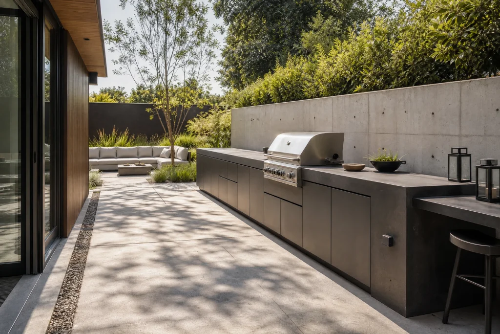 Minimal concrete patio with outdoor kitchen