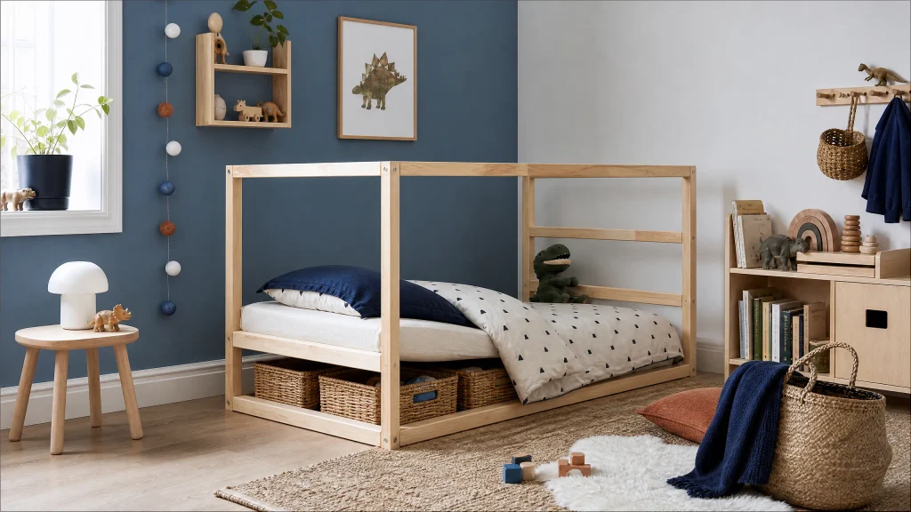 Little boy bedroom with navy wall and rust bedding