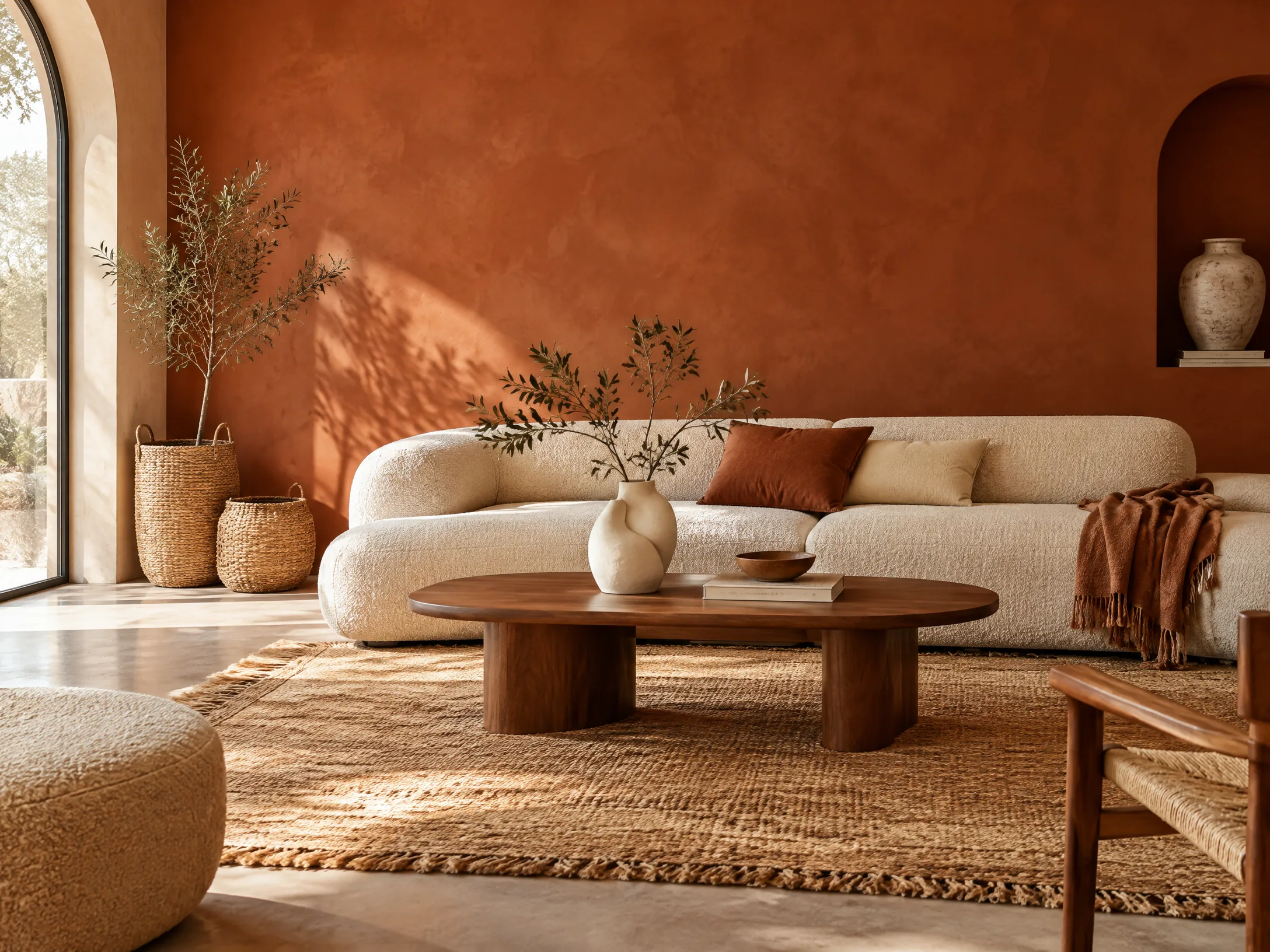 Sun-washed terracotta and cream modern boho living room