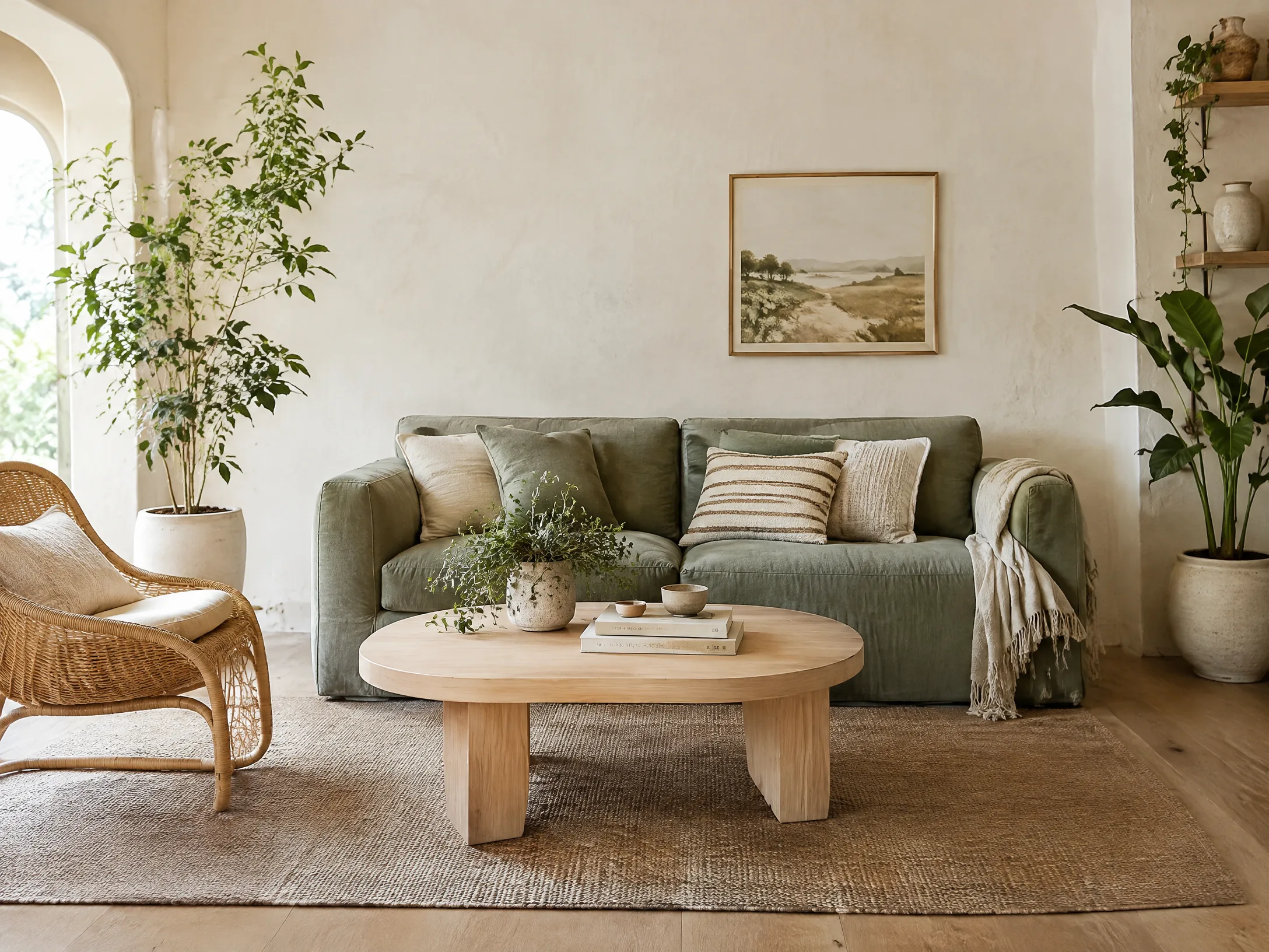 Sage green sofa and natural oak modern boho living room