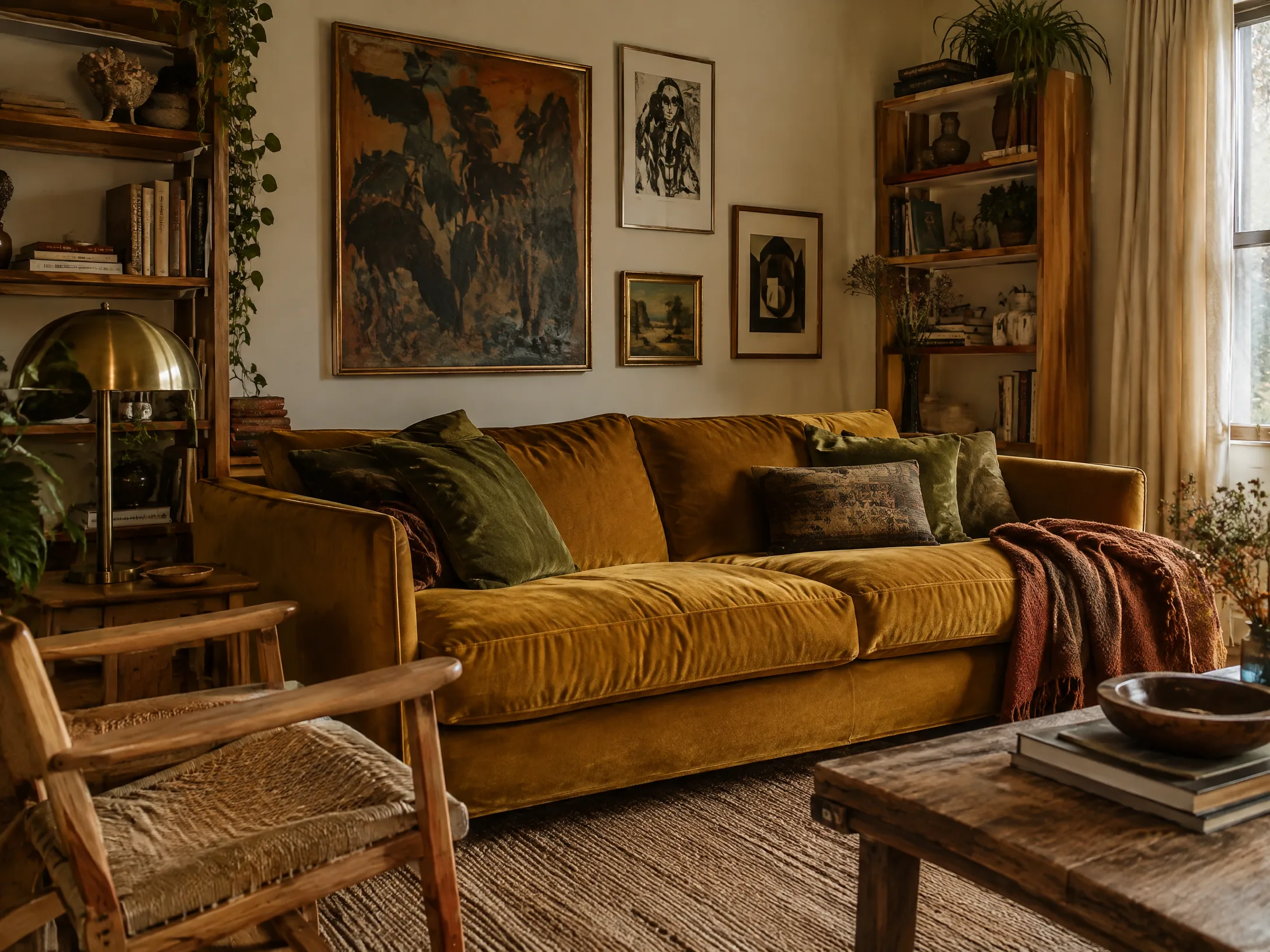 Mustard velvet and olive modern boho living room
