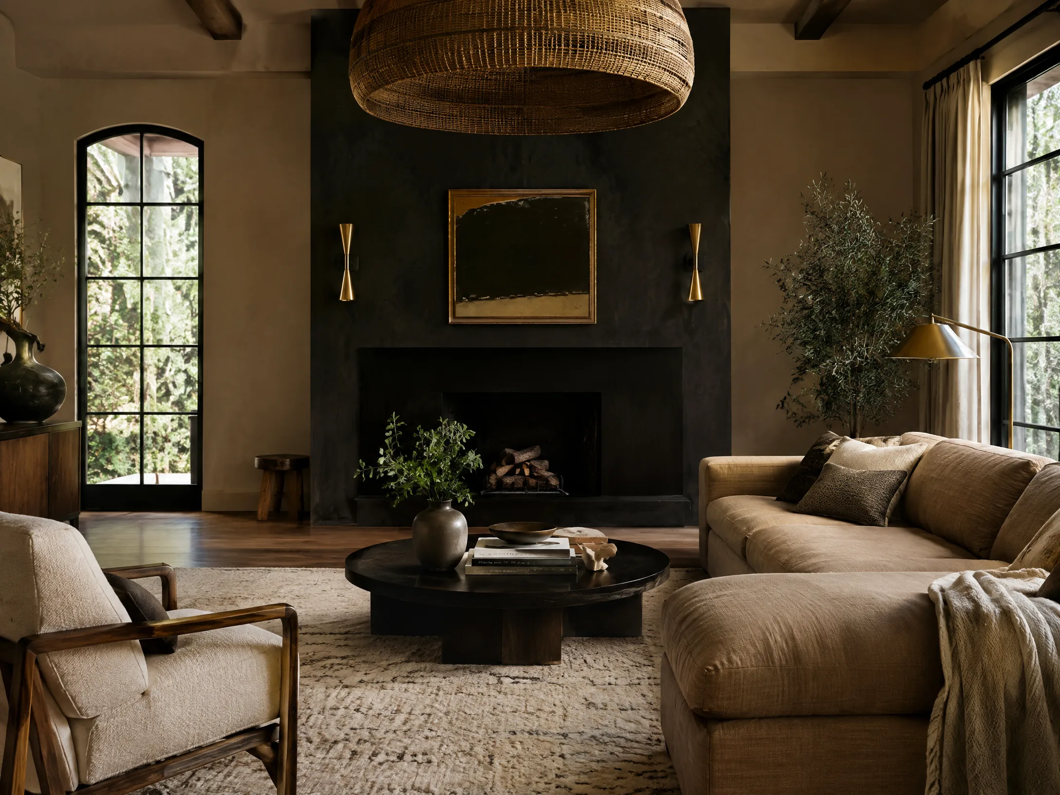 Black tan and brass modern boho living room