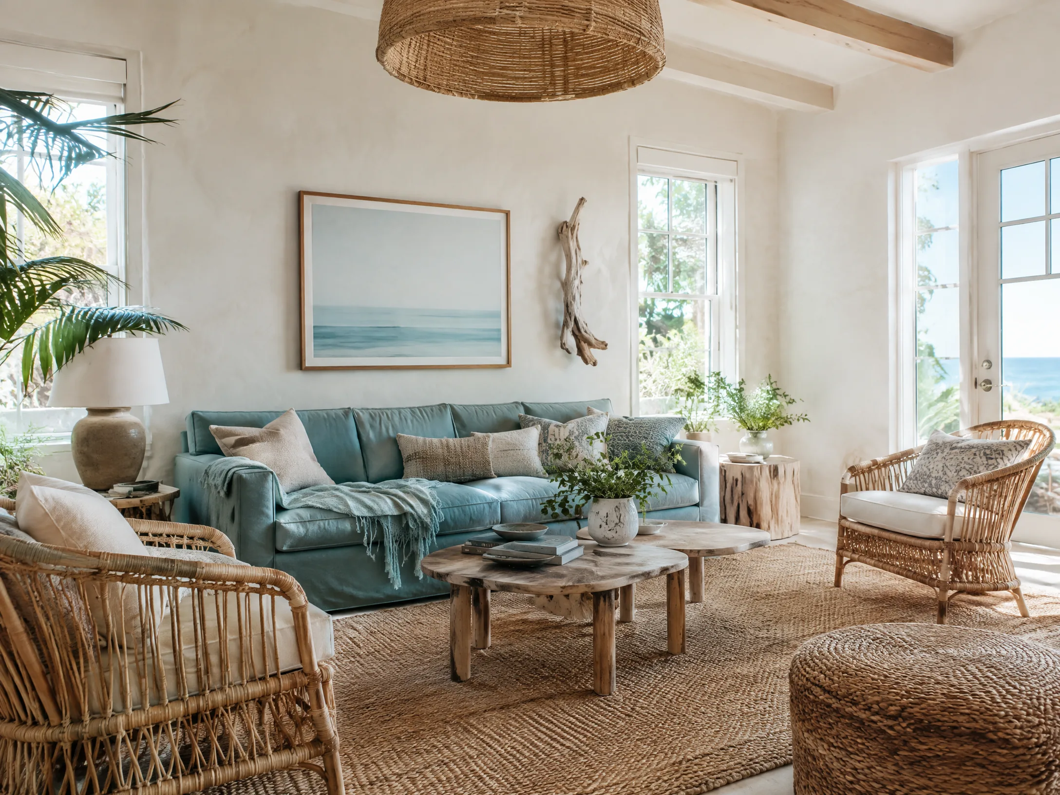 Coastal teal and jute modern boho living room