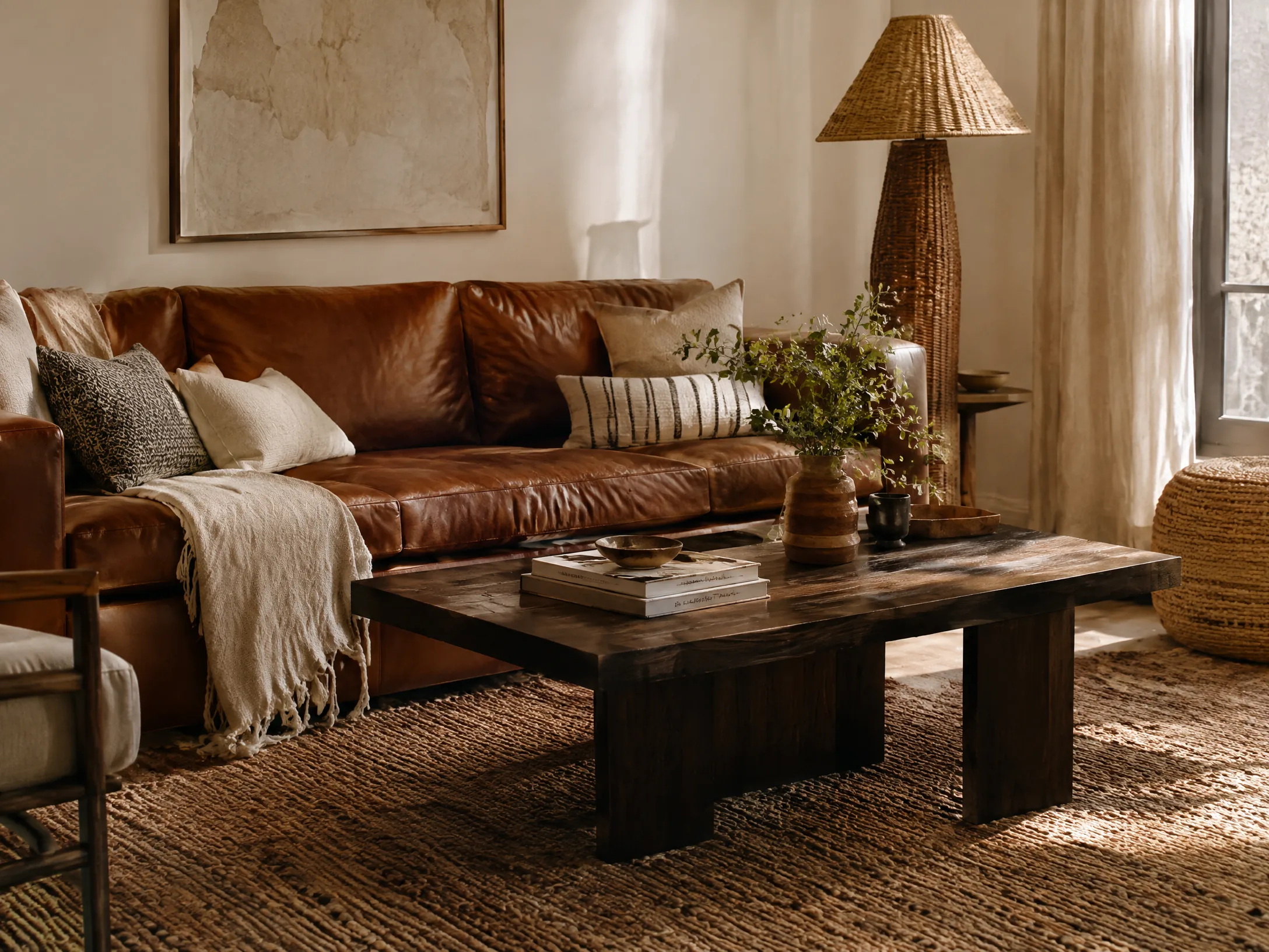 Rust leather and bone modern boho living room