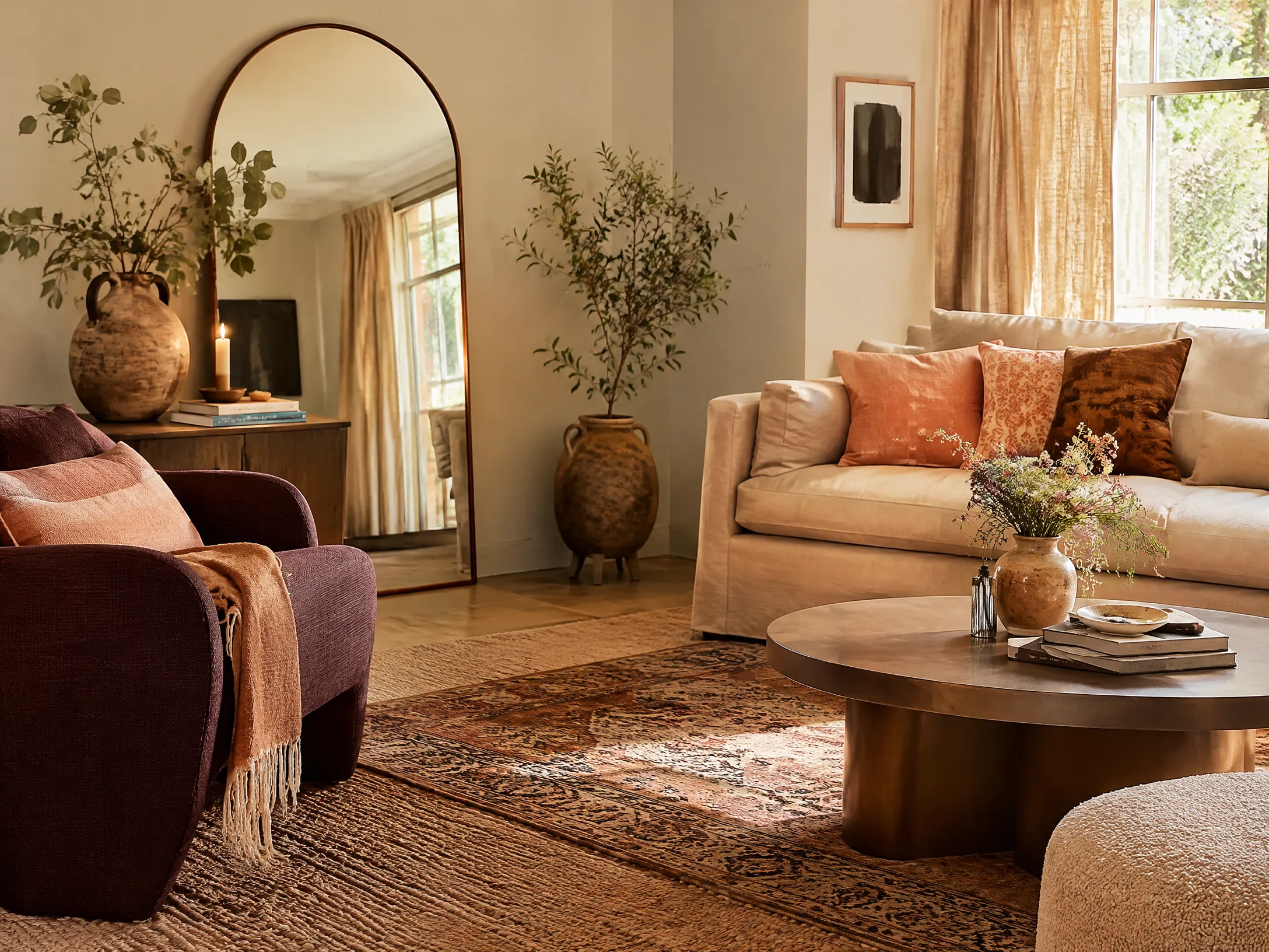 Plum peach and woven neutrals modern boho living room