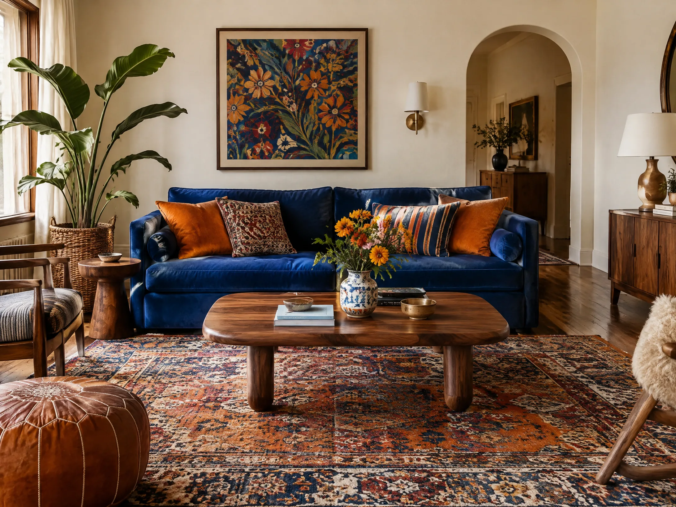 Cobalt blue and burnt orange modern boho living room
