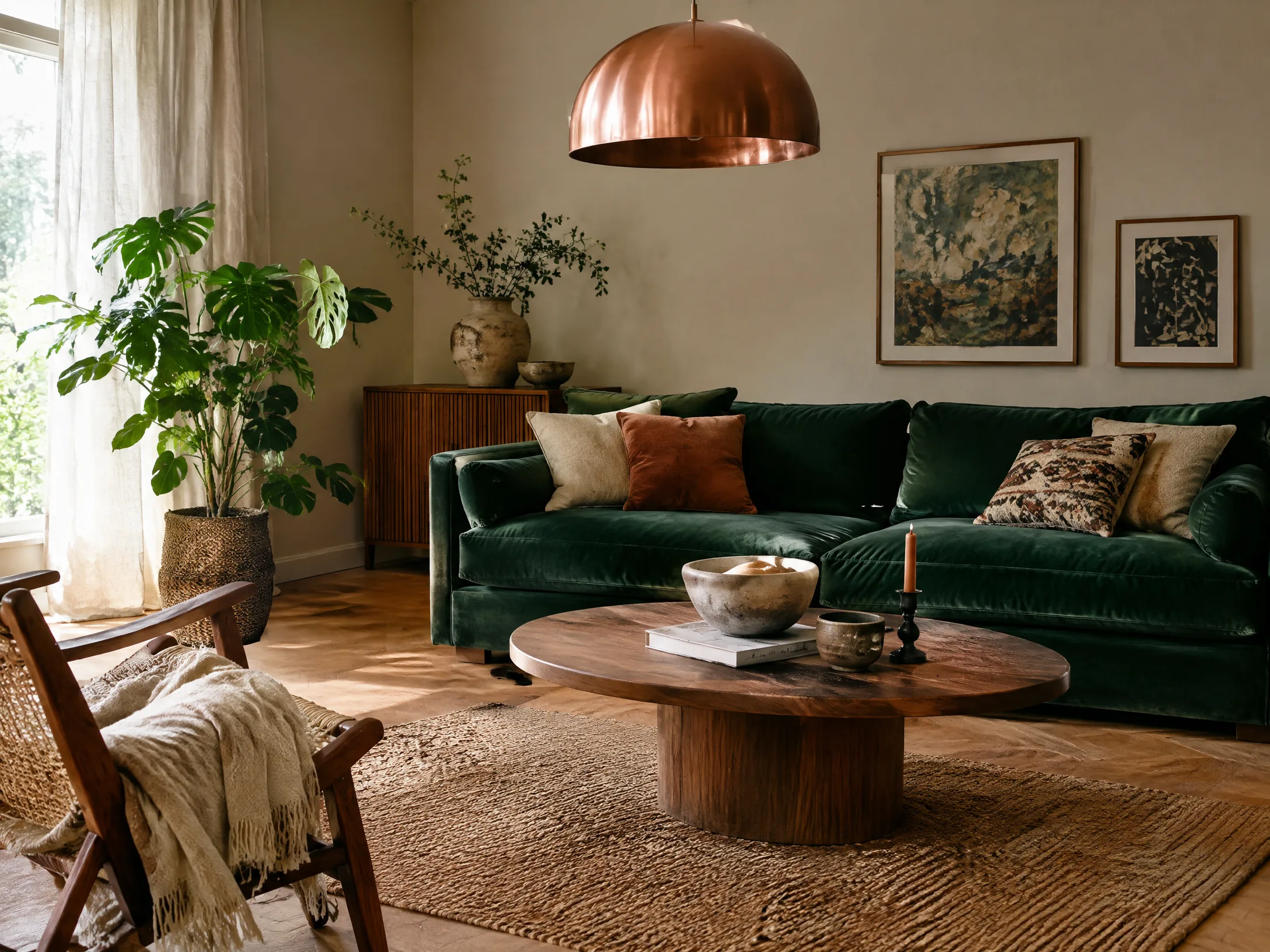 Forest green and copper modern boho living room