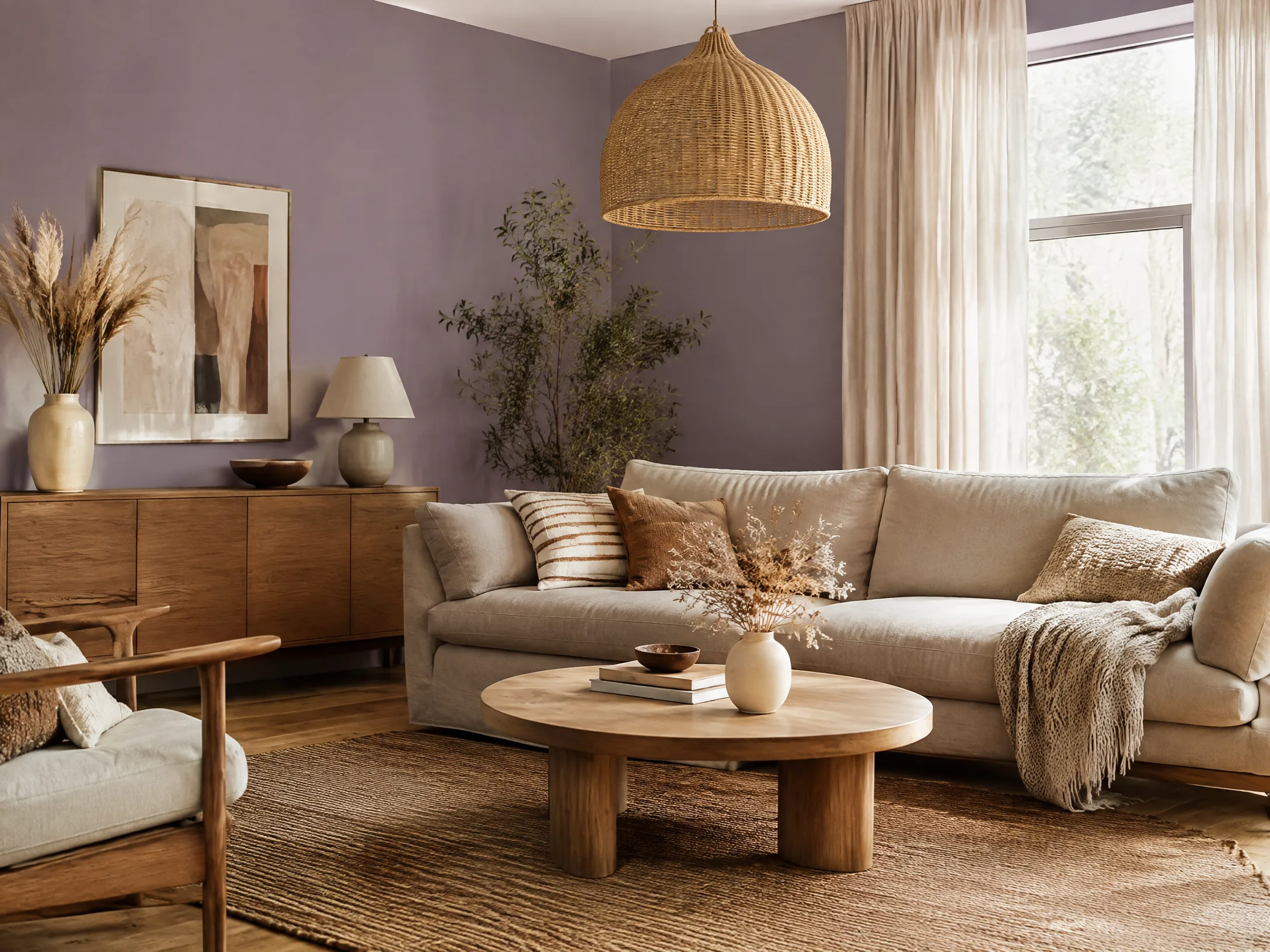 Dusty lavender and honey oak modern boho living room