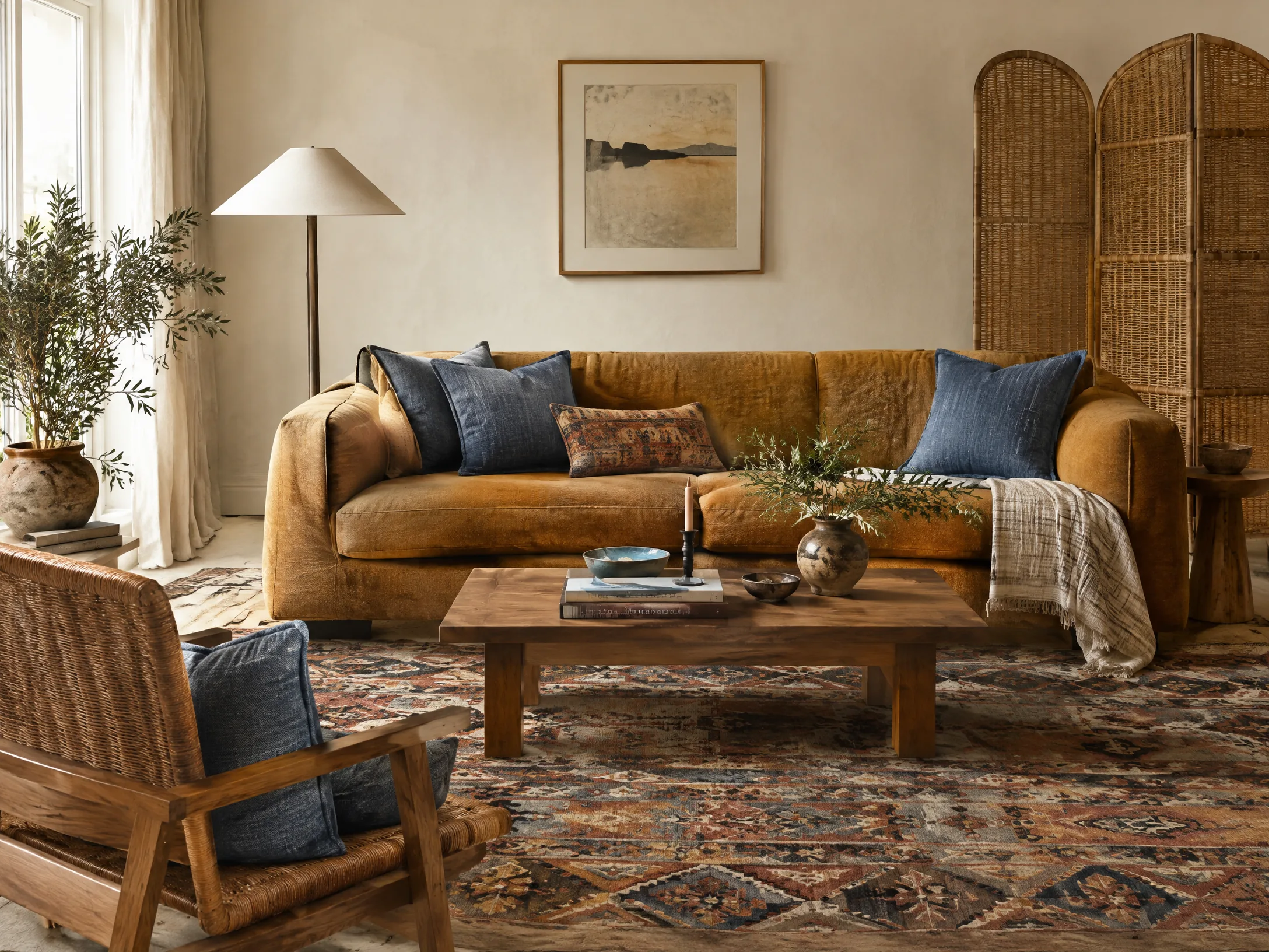 Ochre denim and cream modern boho living room