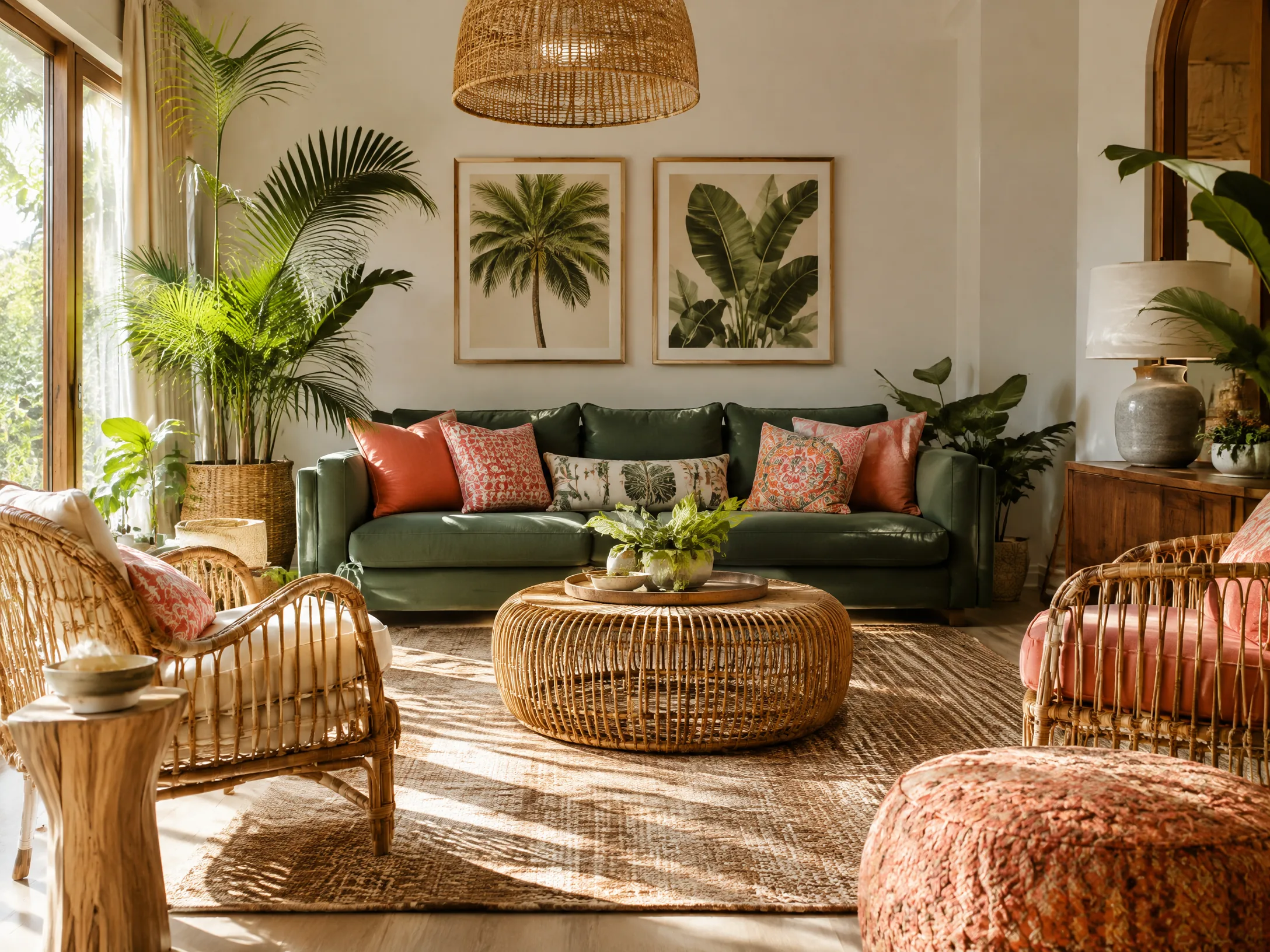 Coral and palm green botanical modern boho living room