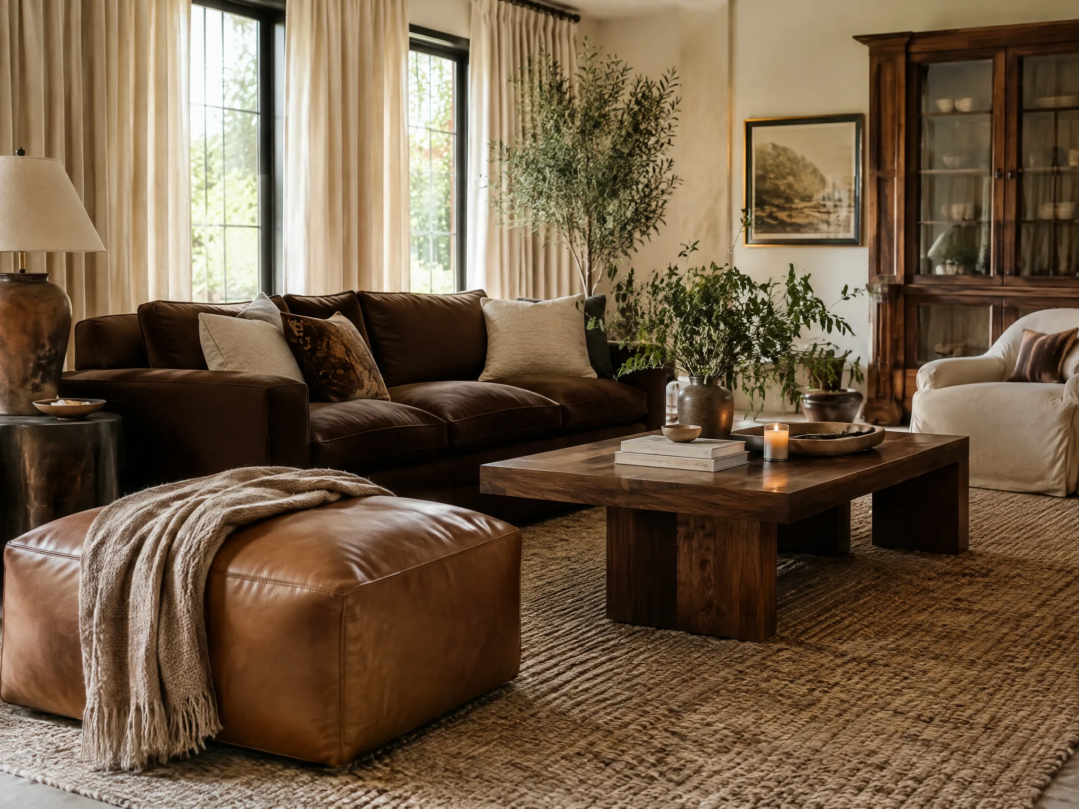 Chocolate brown and camel modern boho living room
