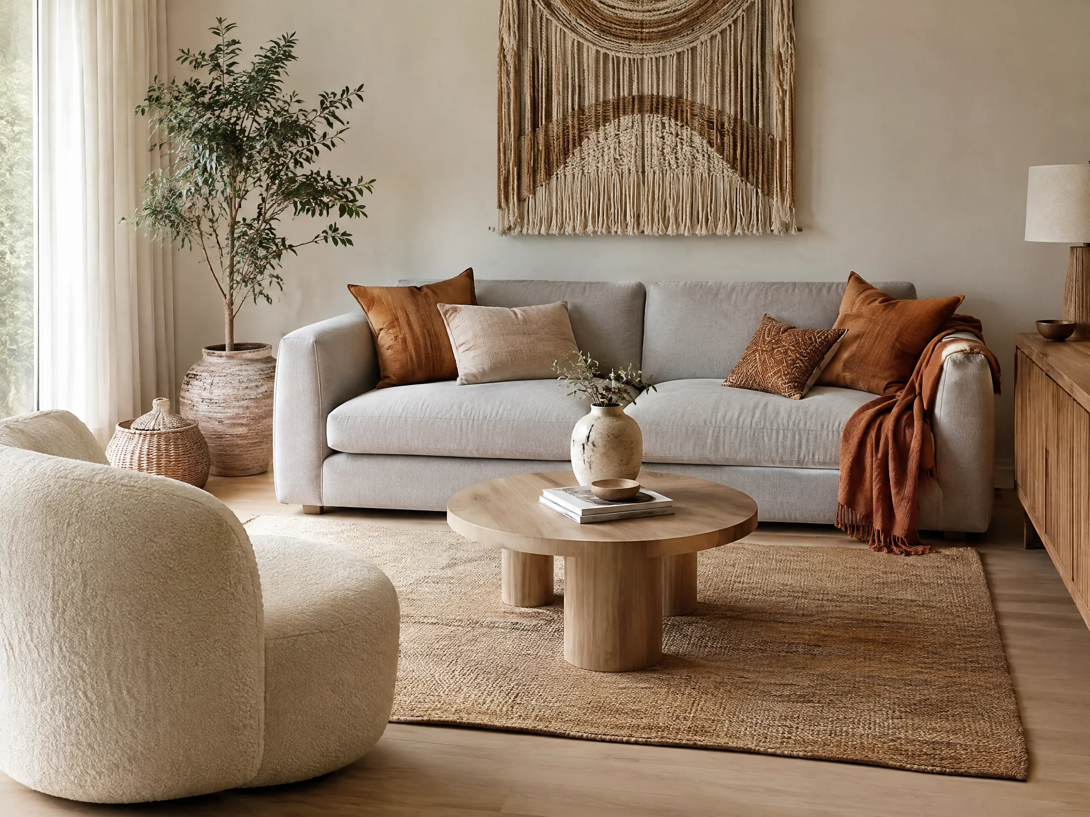 Soft grey and cinnamon modern boho living room