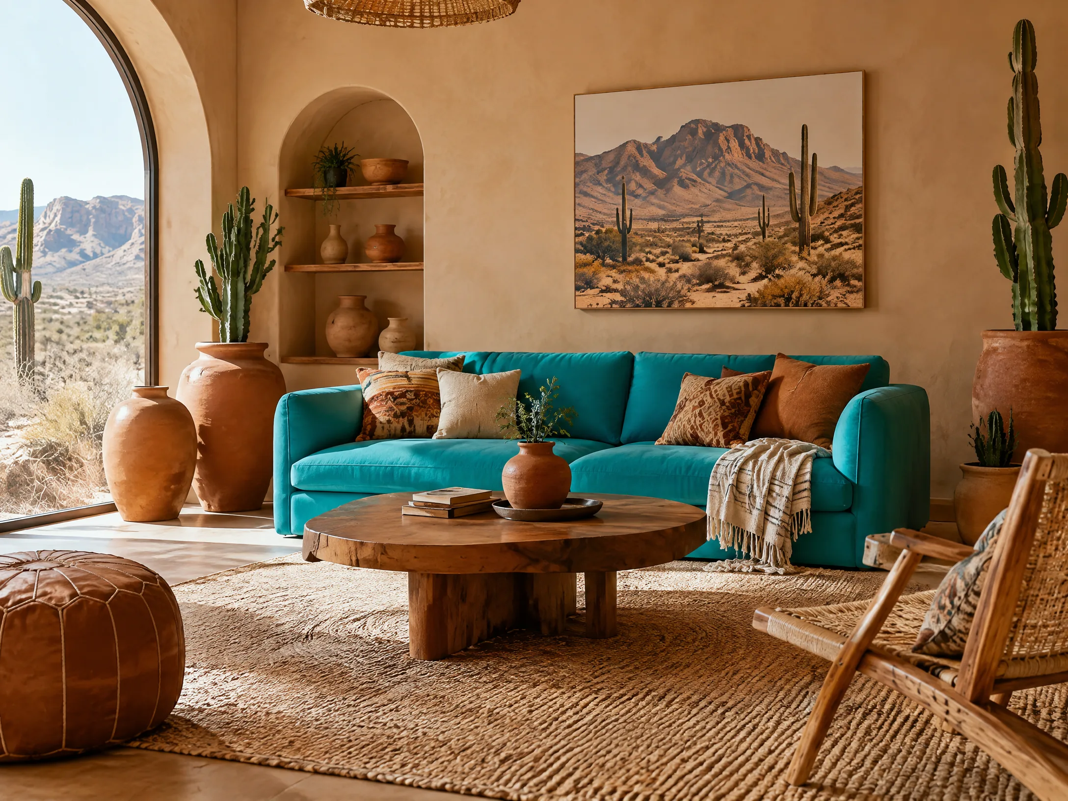 Turquoise and desert sand modern boho living room
