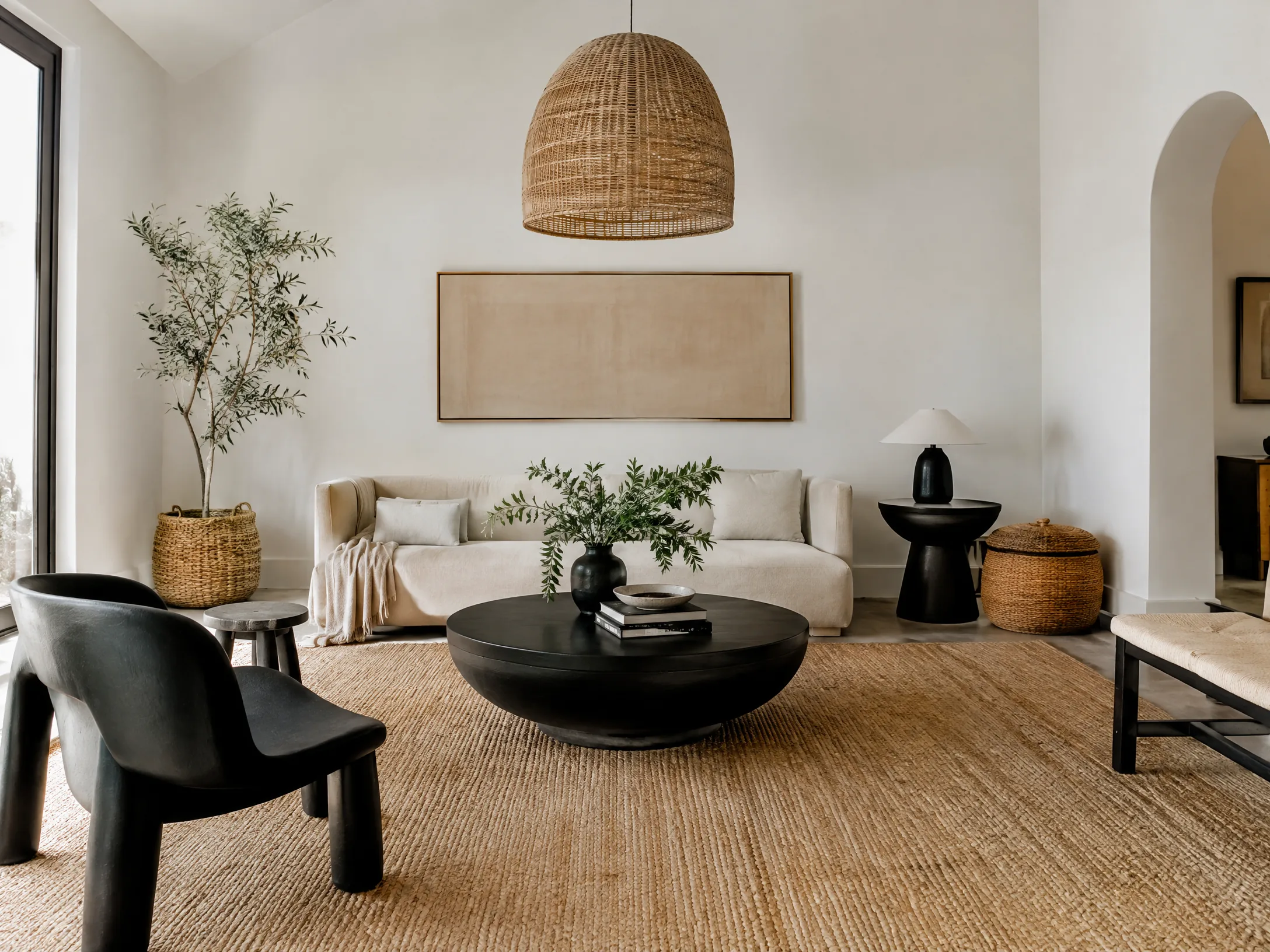 White black and natural fiber modern boho living room