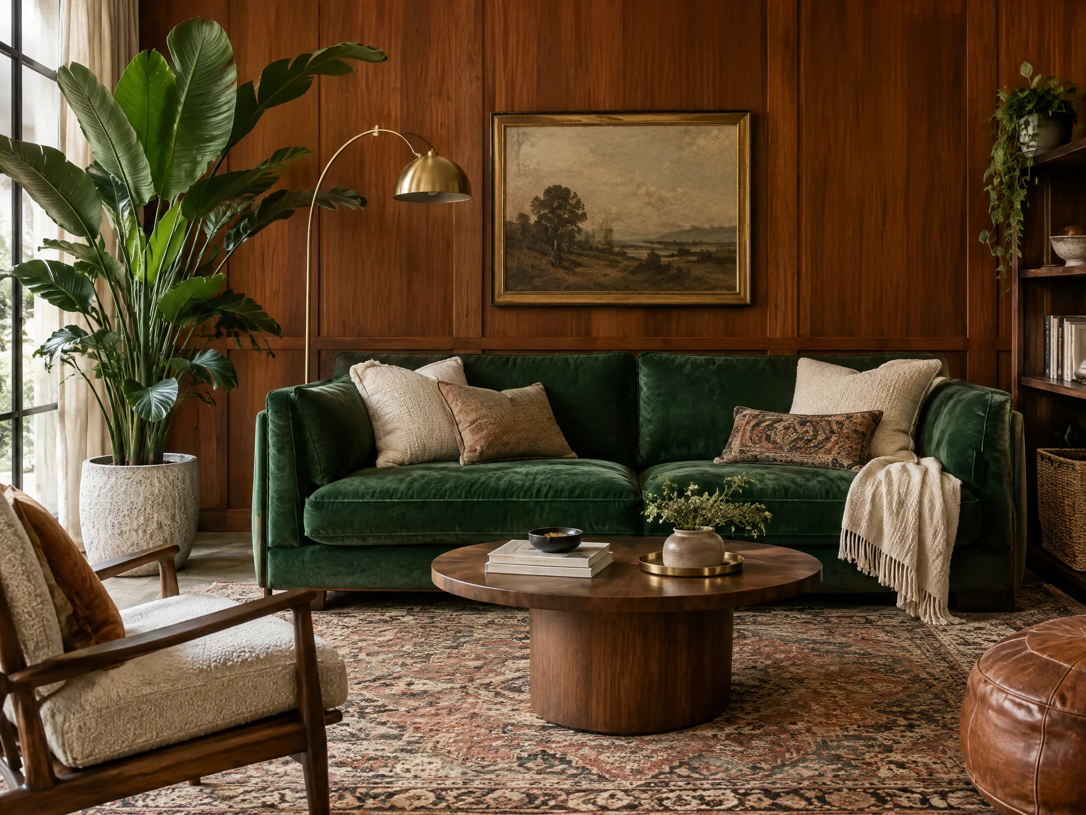 Emerald green and warm wood modern boho living room