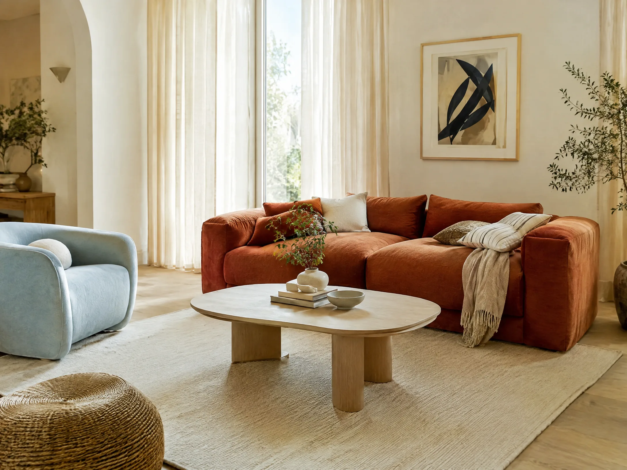Terracotta and powder blue modern boho living room
