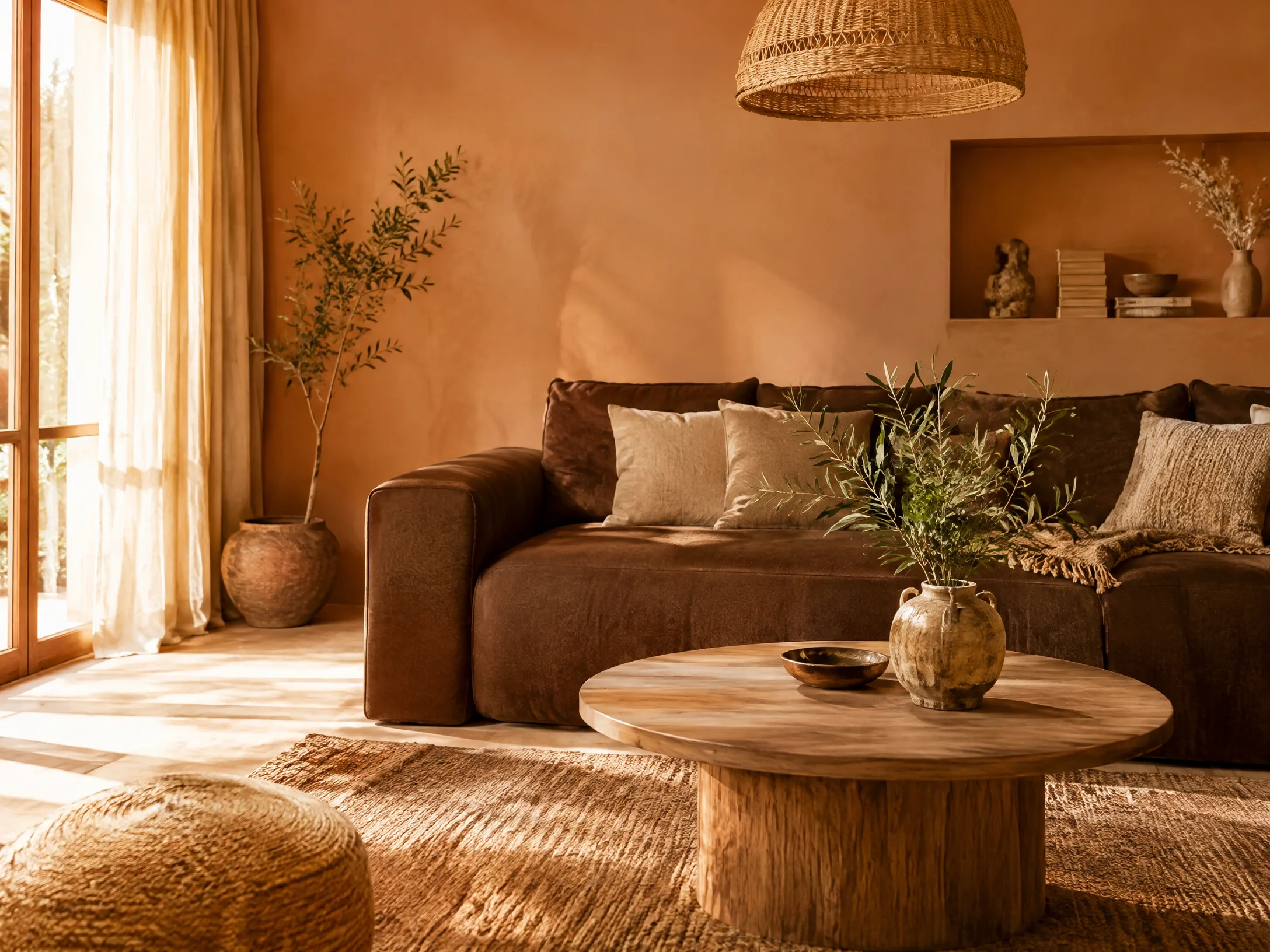 Apricot cocoa and linen modern boho living room