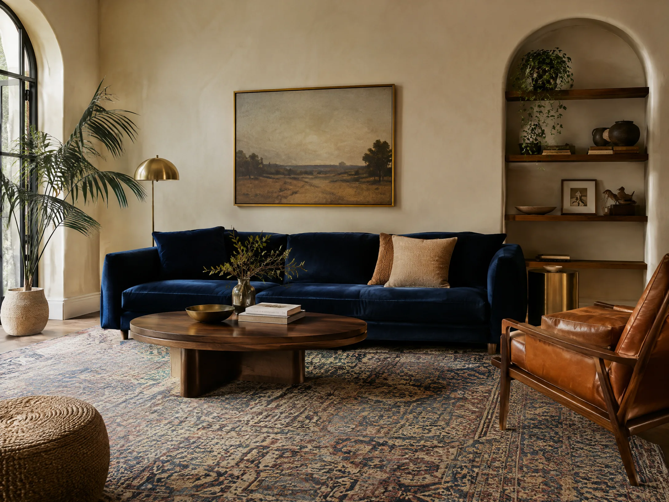 Deep navy and caramel modern boho living room