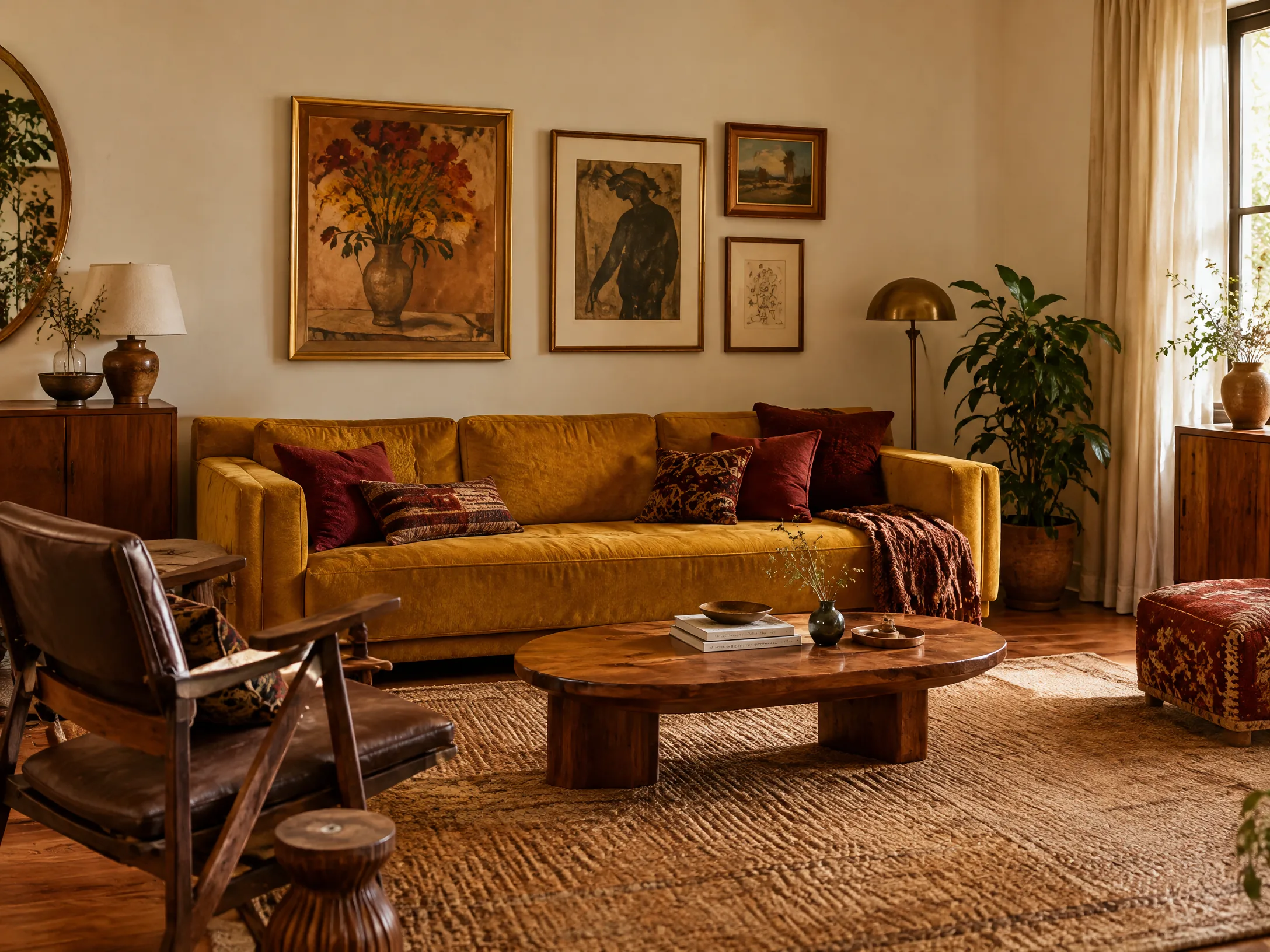 Marigold and brick red modern boho living room