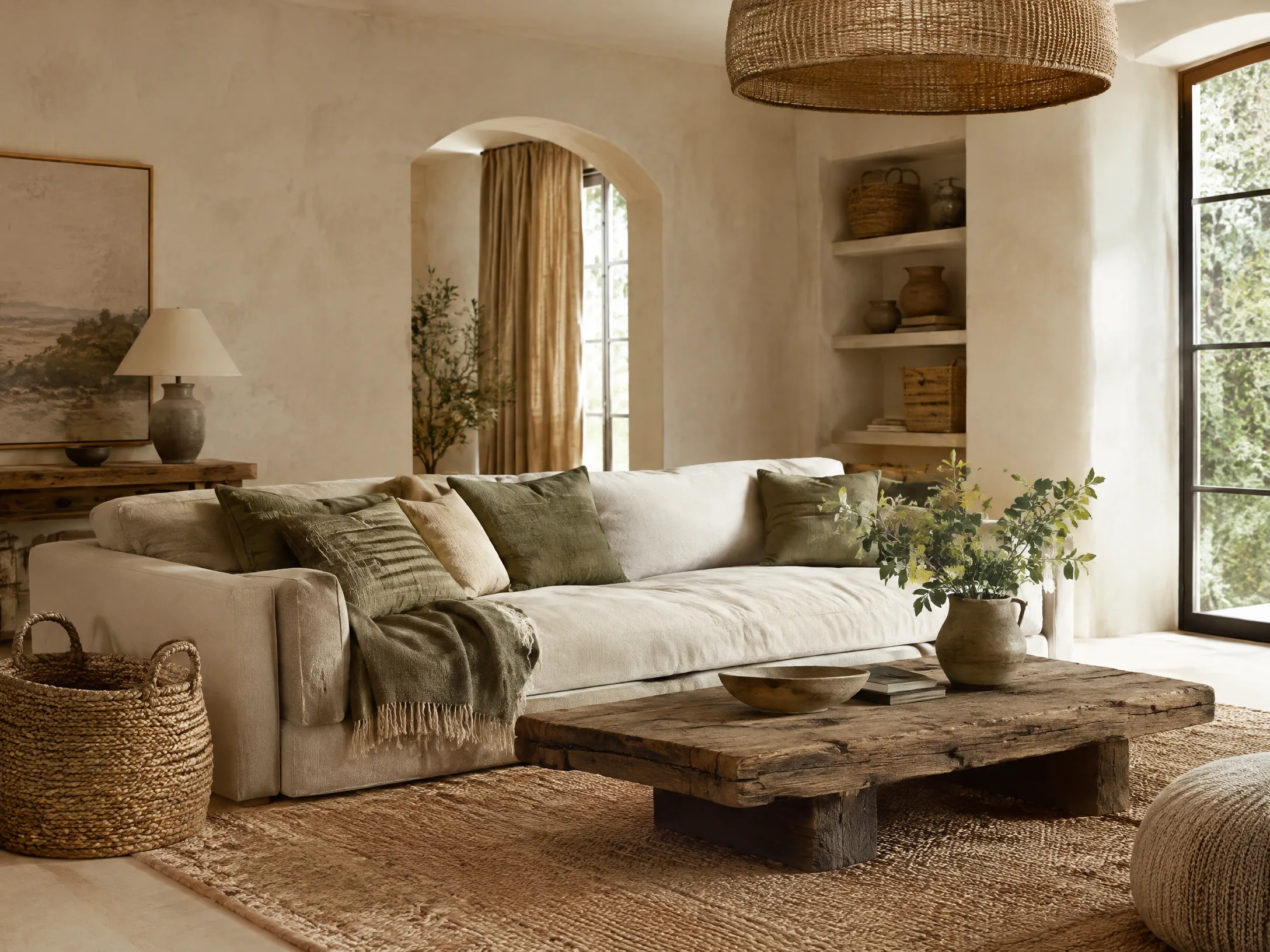 Ecru moss and reclaimed wood modern boho living room