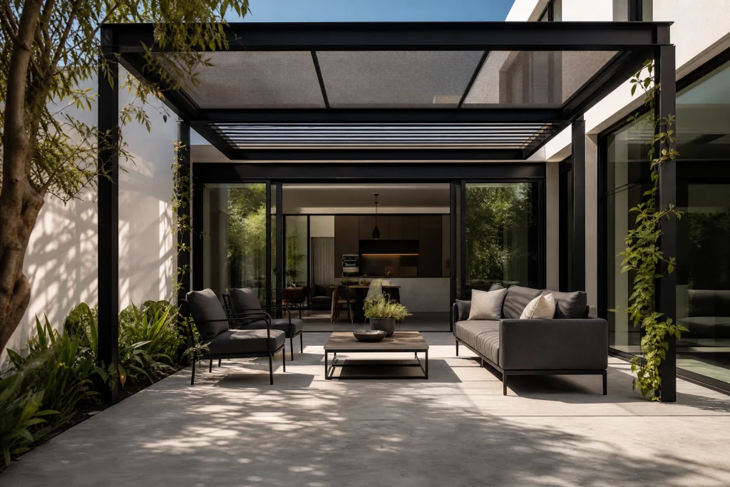 Pergola-framed modern concrete outdoor room