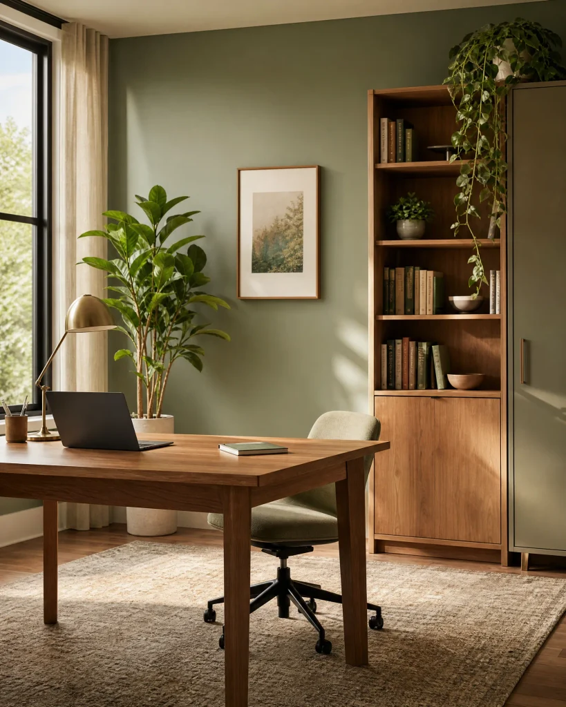 Study room decor with potted plants beside a desk and bookshelf