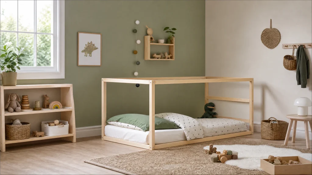 Montessori-inspired toddler room with low bed