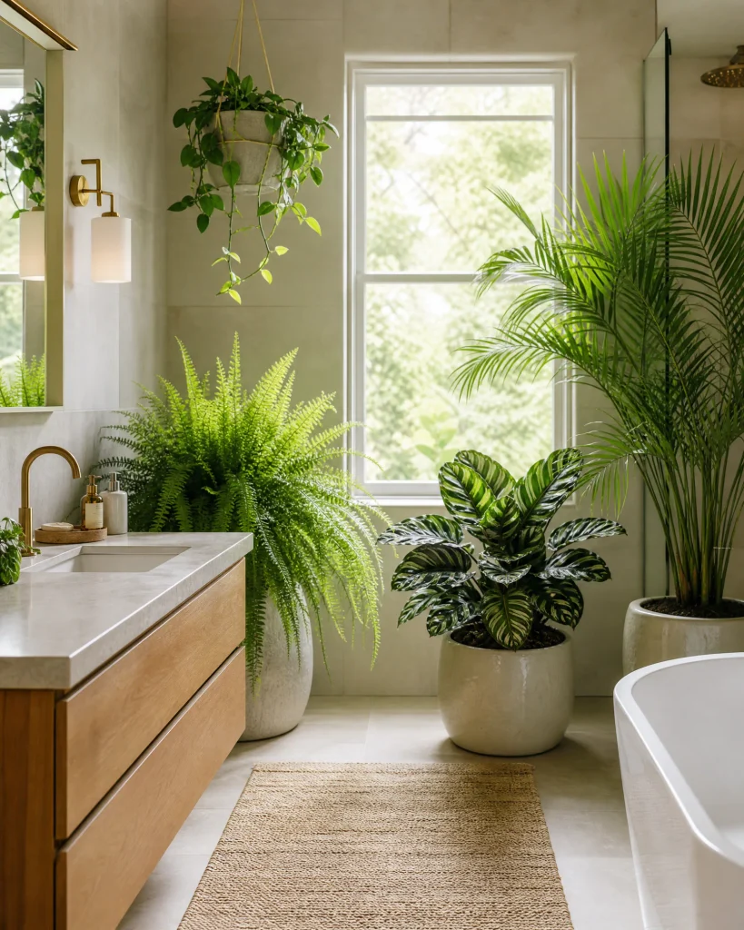 Bright bathroom transformed into a lush indoor plant retreat