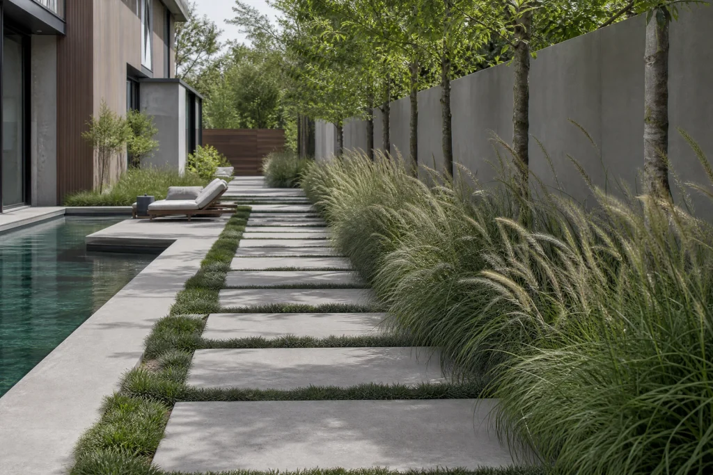 Linear concrete patio with ornamental grasses