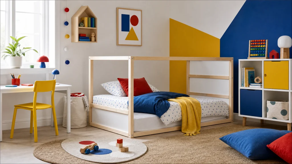 Bright primary-color kids room in red, cobalt, yellow, and white