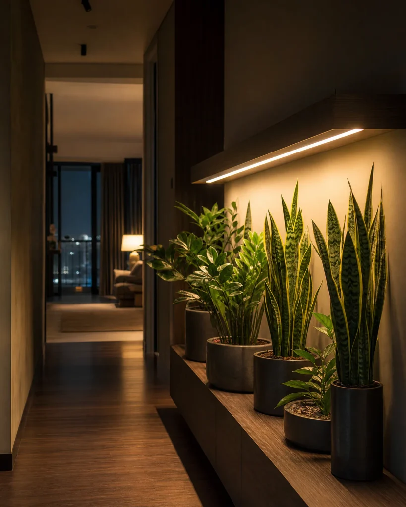 Low-light indoor plant display illuminated by full-spectrum grow lights