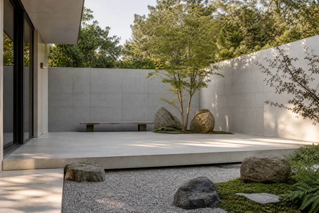 Zen-inspired concrete and gravel patio retreat