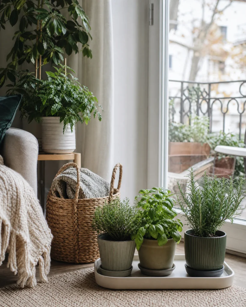 Small balcony garden plants brought indoors near a bright glass door
