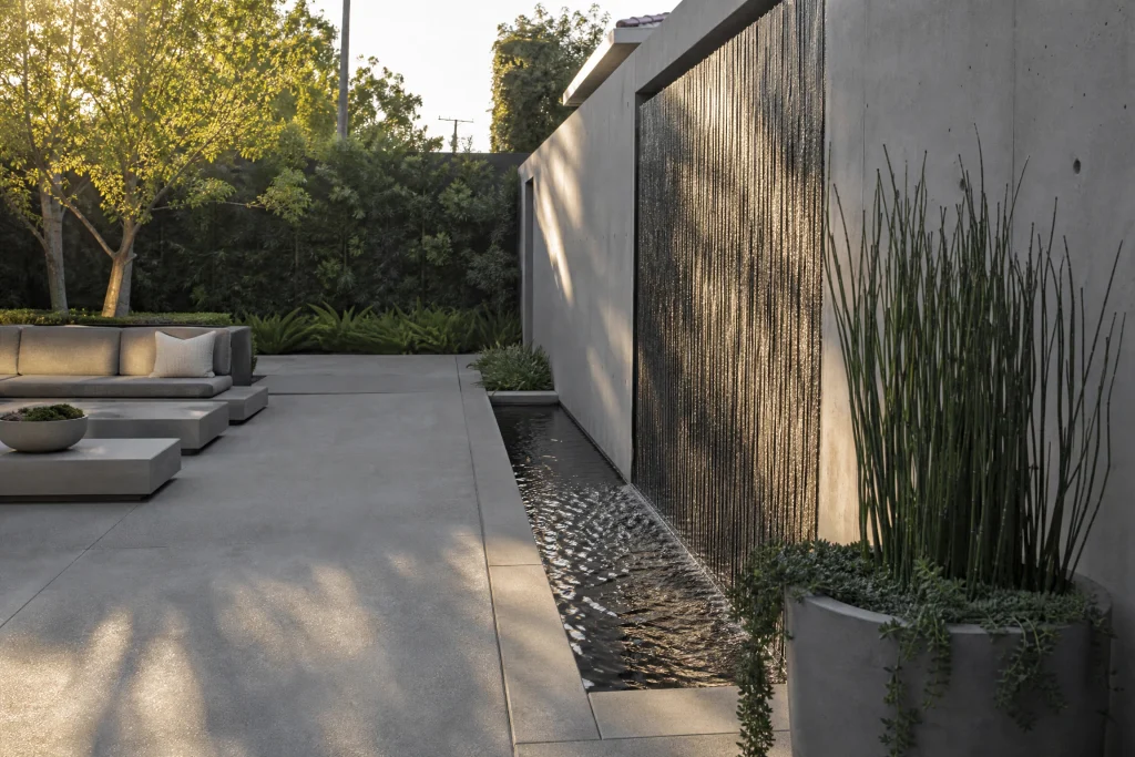 Modern concrete patio with water feature wall