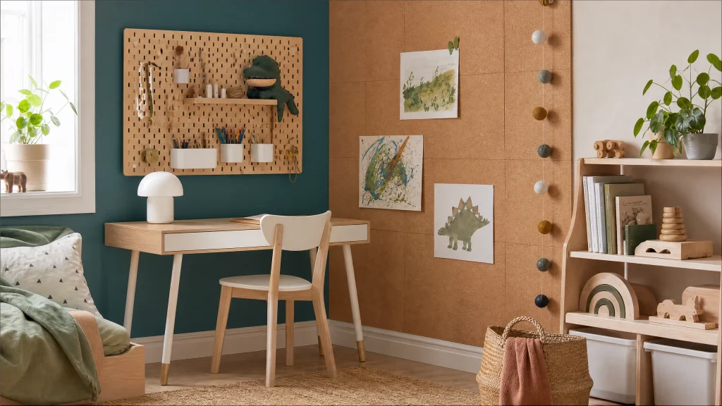 Kids art corner with pegboard, cork tiles, and desk