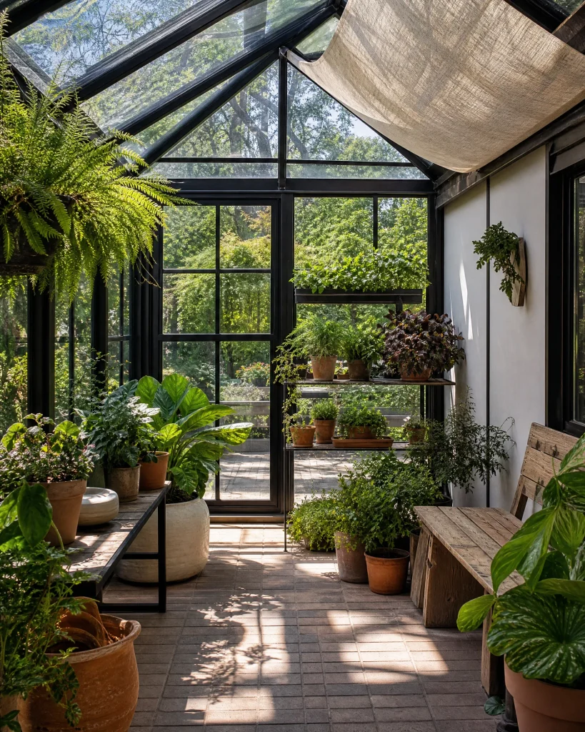 Conservatory-style greenhouse room filled with plants and a wooden bench