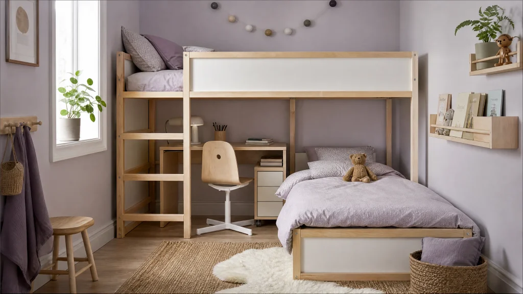 Small room bunk bed with desk underneath
