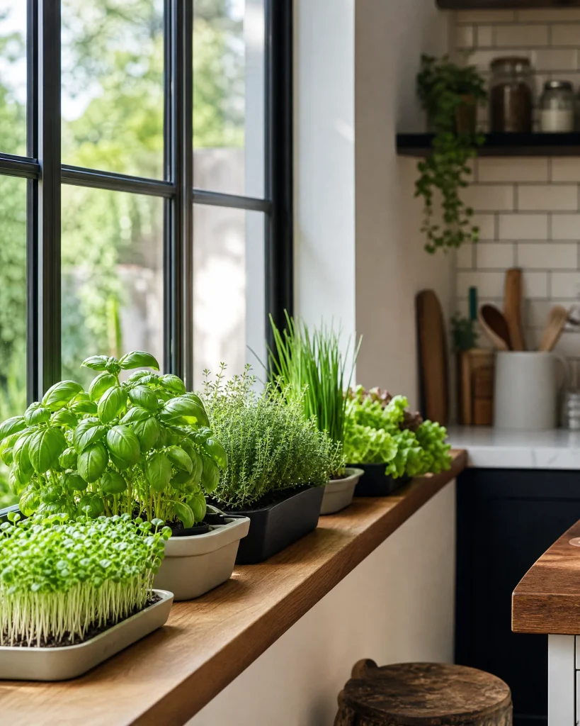 Kitchen window garden with herbs, microgreens, basil, and lettuce