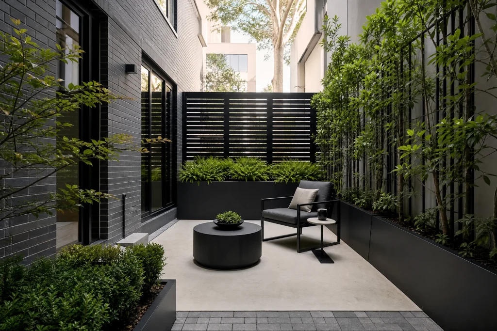 Narrow urban courtyard concrete patio with privacy wall