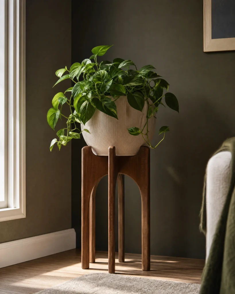 Leafy houseplant elevated on a wooden indoor plant stand in a corner