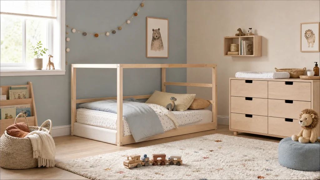 Neutral toddler bedroom single bed with clay accents