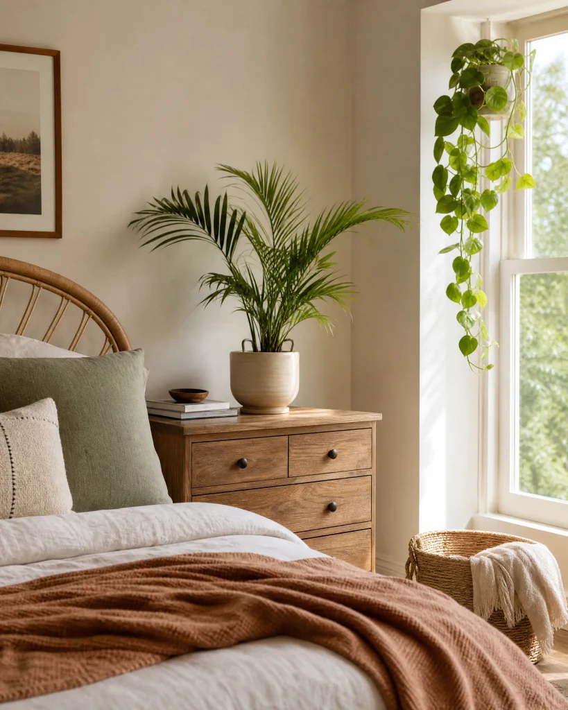 Cozy bedroom decorated with soft foliage and indoor houseplants