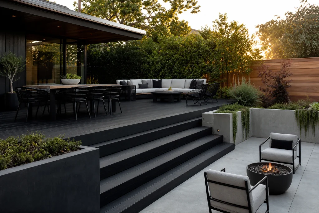Black and wood deck with contrasting concrete patio