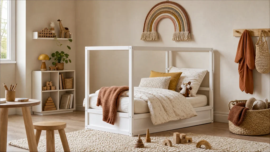Neutral kids bedroom with handmade rainbow wall accent