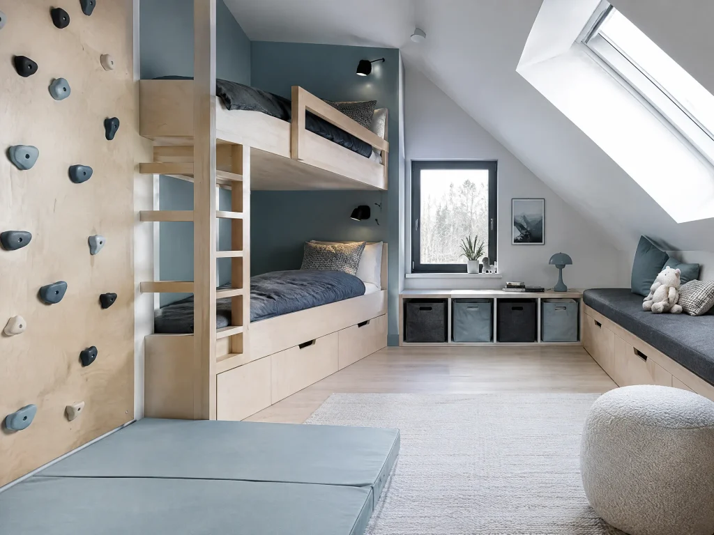Scandinavian Snow Loft With a Climbing Panel