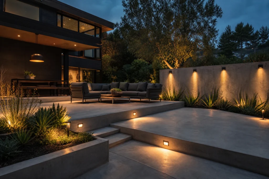 Evening concrete patio with layered LED lighting