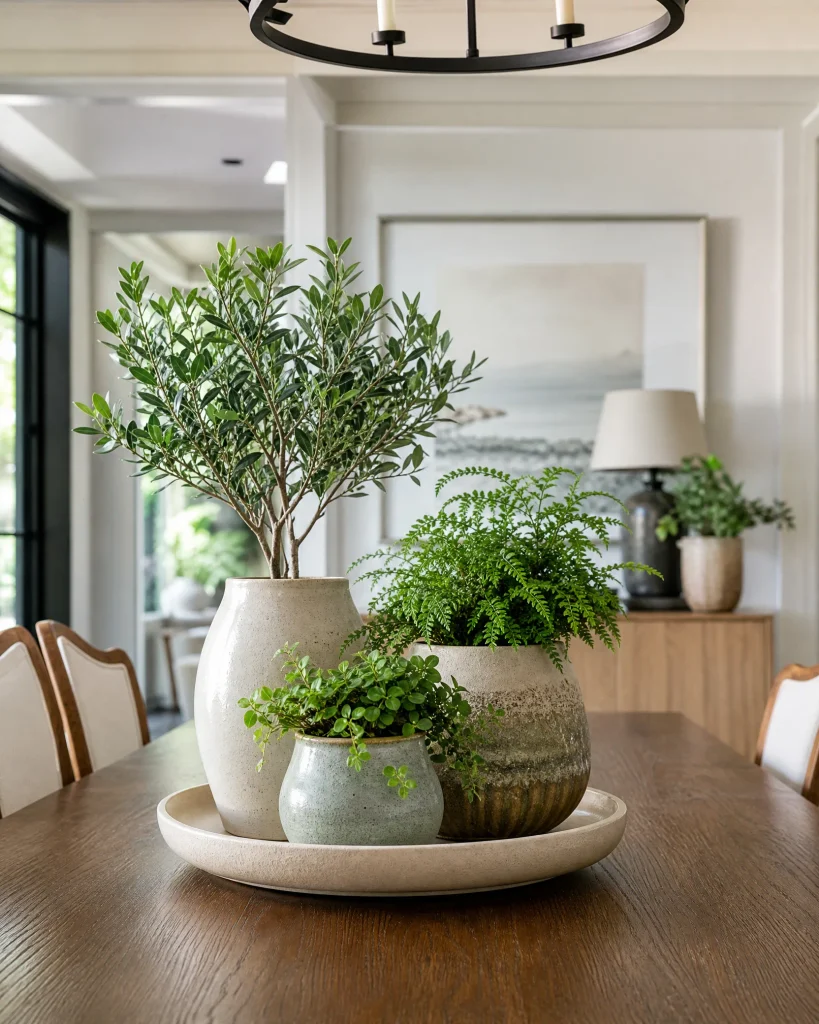 Dining table centerpiece made with small potted plants in ceramic containers